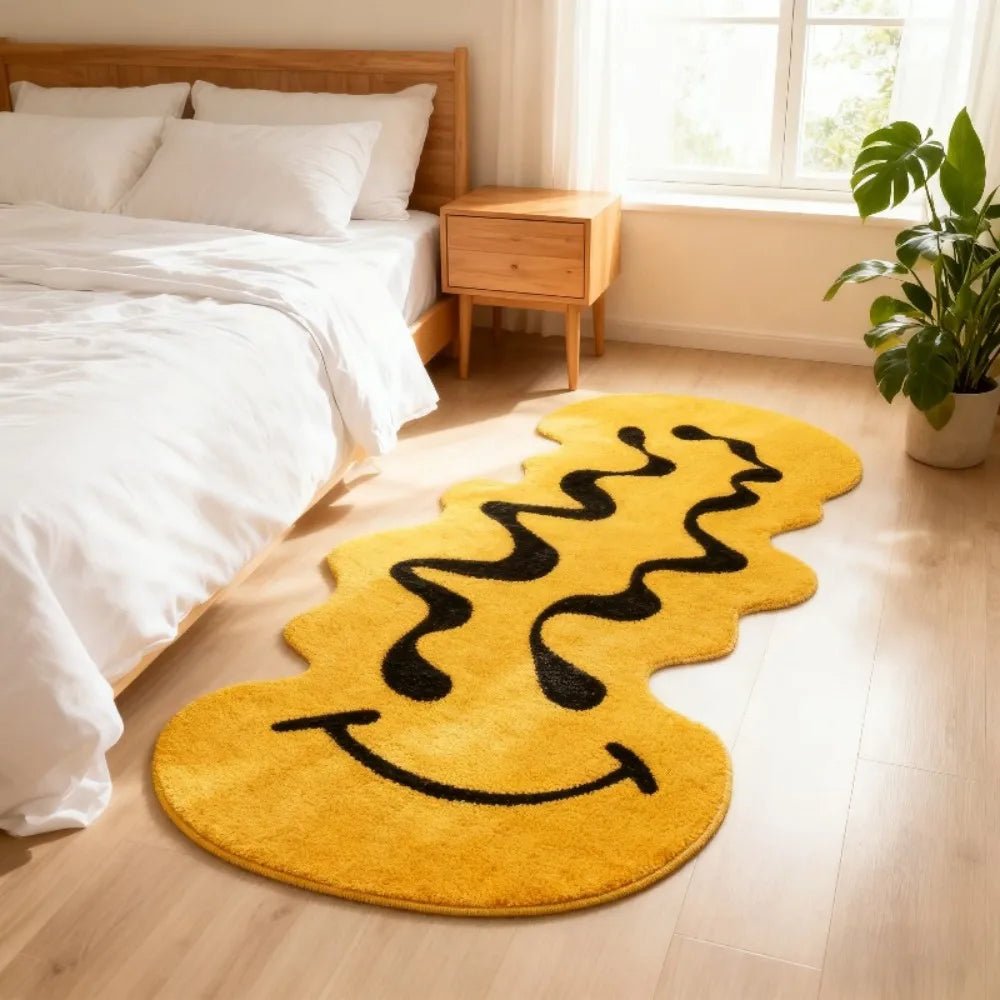 Yellow smiley face rug in cozy aesthetic apartment